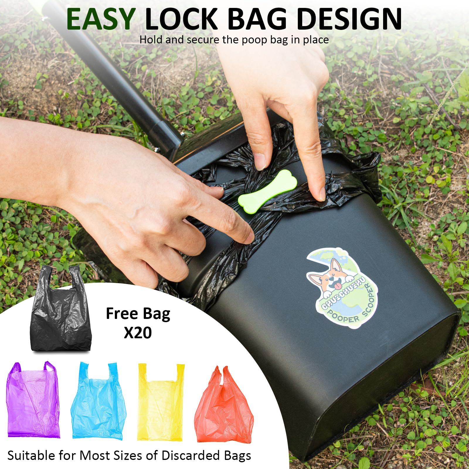 CHUICHUIHU Dog Pooper Scooper, Long Handle Adjustable Metal Swivel Bin & Rake & Spade Kit with 20 Waste Bags, Portable Heavy Duty Dog Poop Scooper for Gravel Lawn, Suit for Small Medium Large Dog