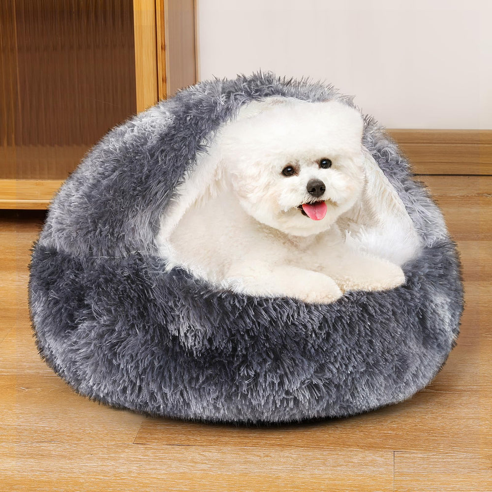 NOYAL Round Hooded Donut Bed anti-slip bottom closeup demonstrates secure placement on wood or tile.