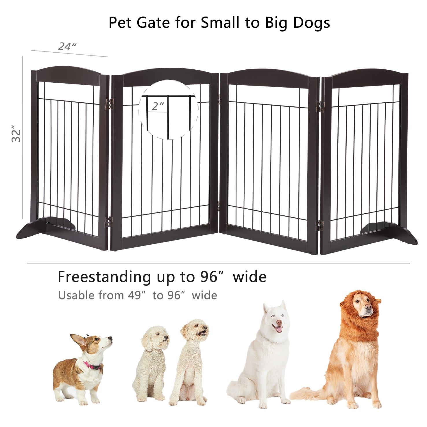 PAWLAND 96-inch Extra Wide Dog gate for The House, Doorway, Stairs, Freestanding Foldable Wire Pet Gate, Set of Support Feet Included (Espresso, 30" Height-4 Panels)