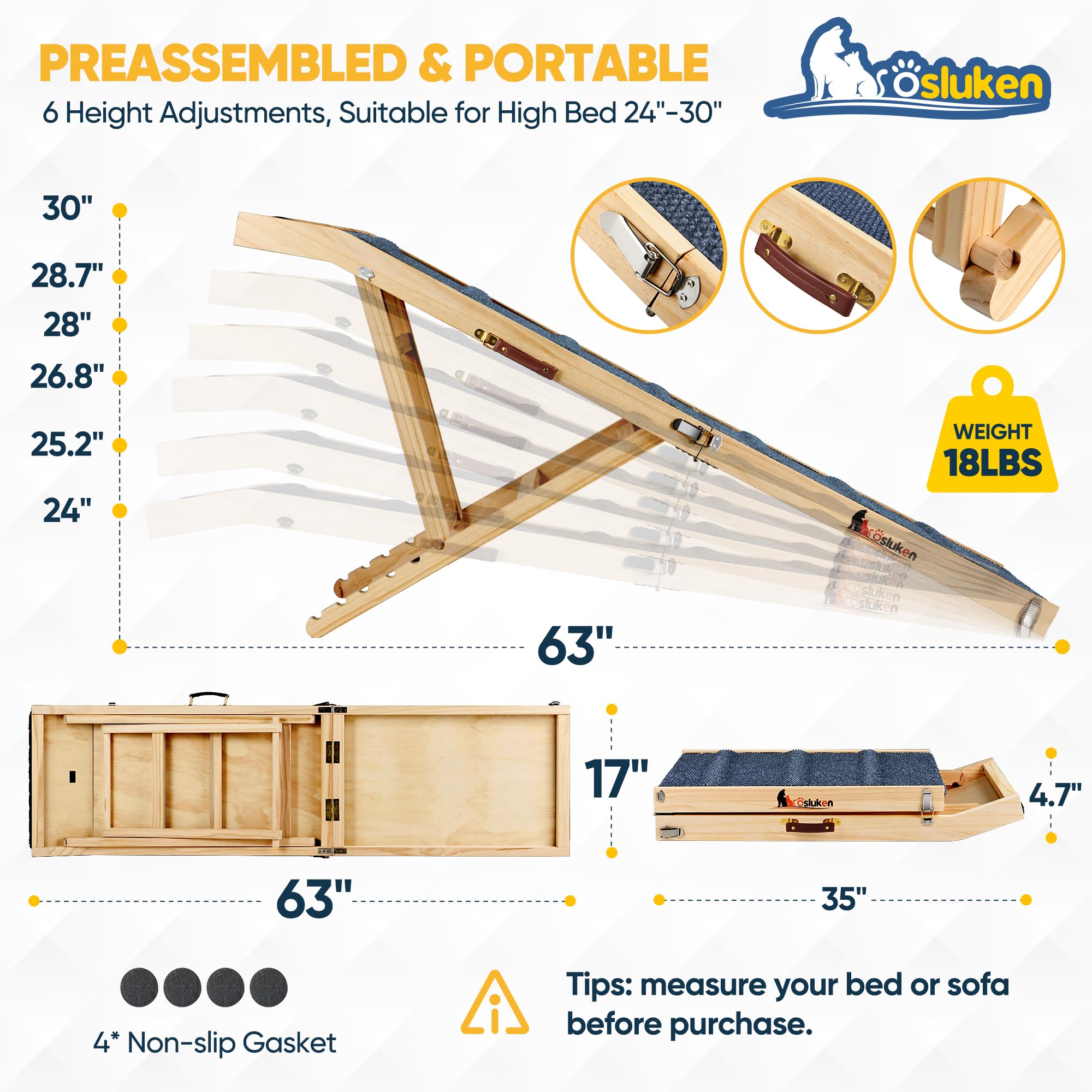 Tsukiko 2025 Upgraded 63-inch Dog Ramp for Bed & Car — 6 Heights, 220lb Capacity