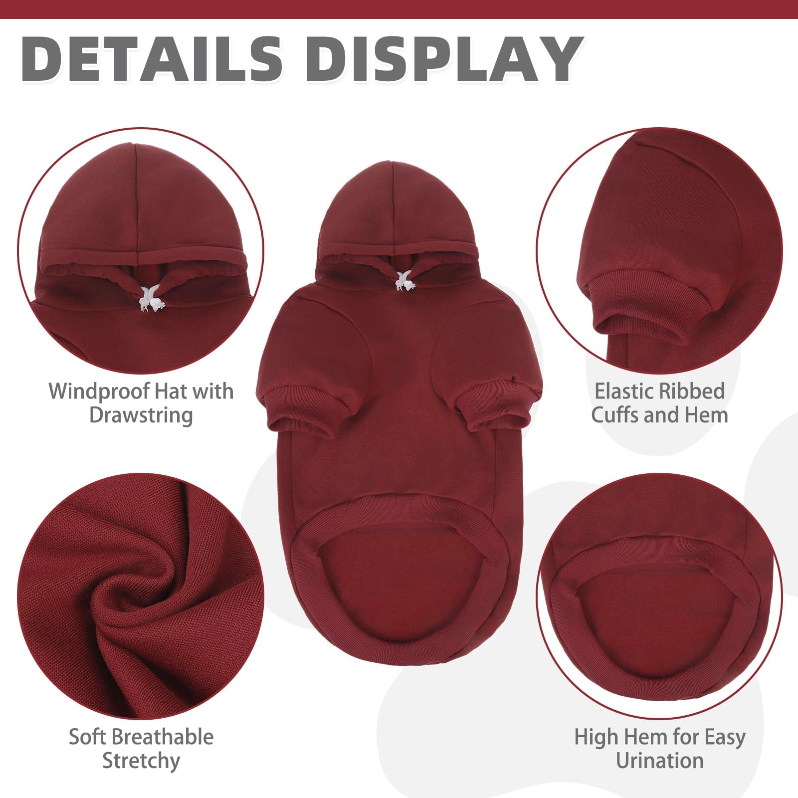 KOOLTAIL Basic Dog Hoodie - Soft and Warm Dog Hoodie Sweater with Leash Hole and Pocket, Pet Winter Coat, Cold Weather Clothes Sweatshirt for Small Medium Large Dogs Puppy Cat Boys Girls, Deep Red L