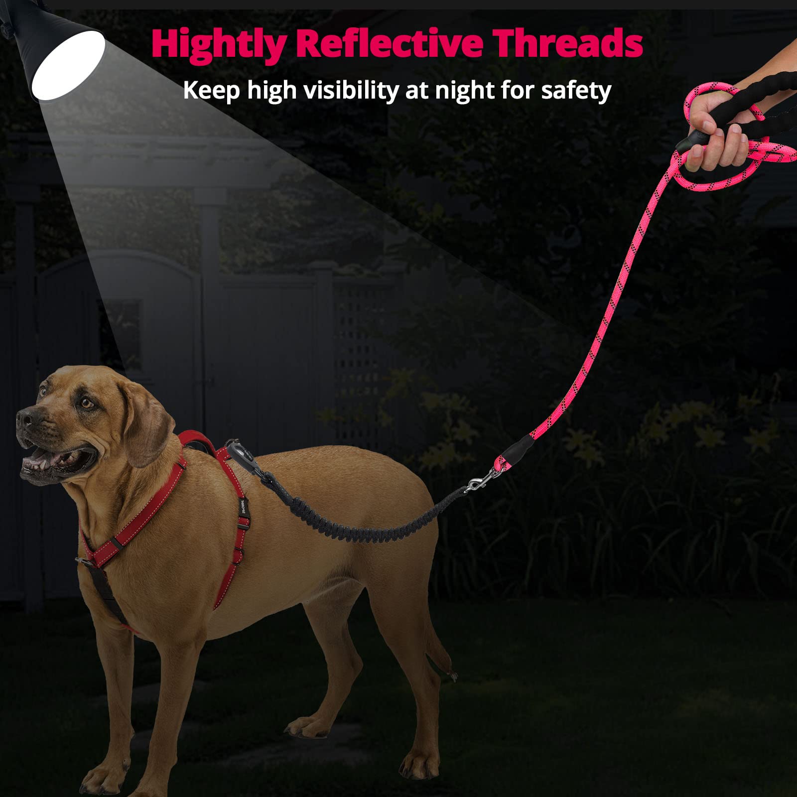 Long Dog Leash 15 FT: Heavy Duty Rope Leashes for Dogs Training with Swivel Lockable Hook Reflective Threads Bungee and Padded Handle - Dog Lead for Large Small Medium Dogs Outside Walking Hiking Pink