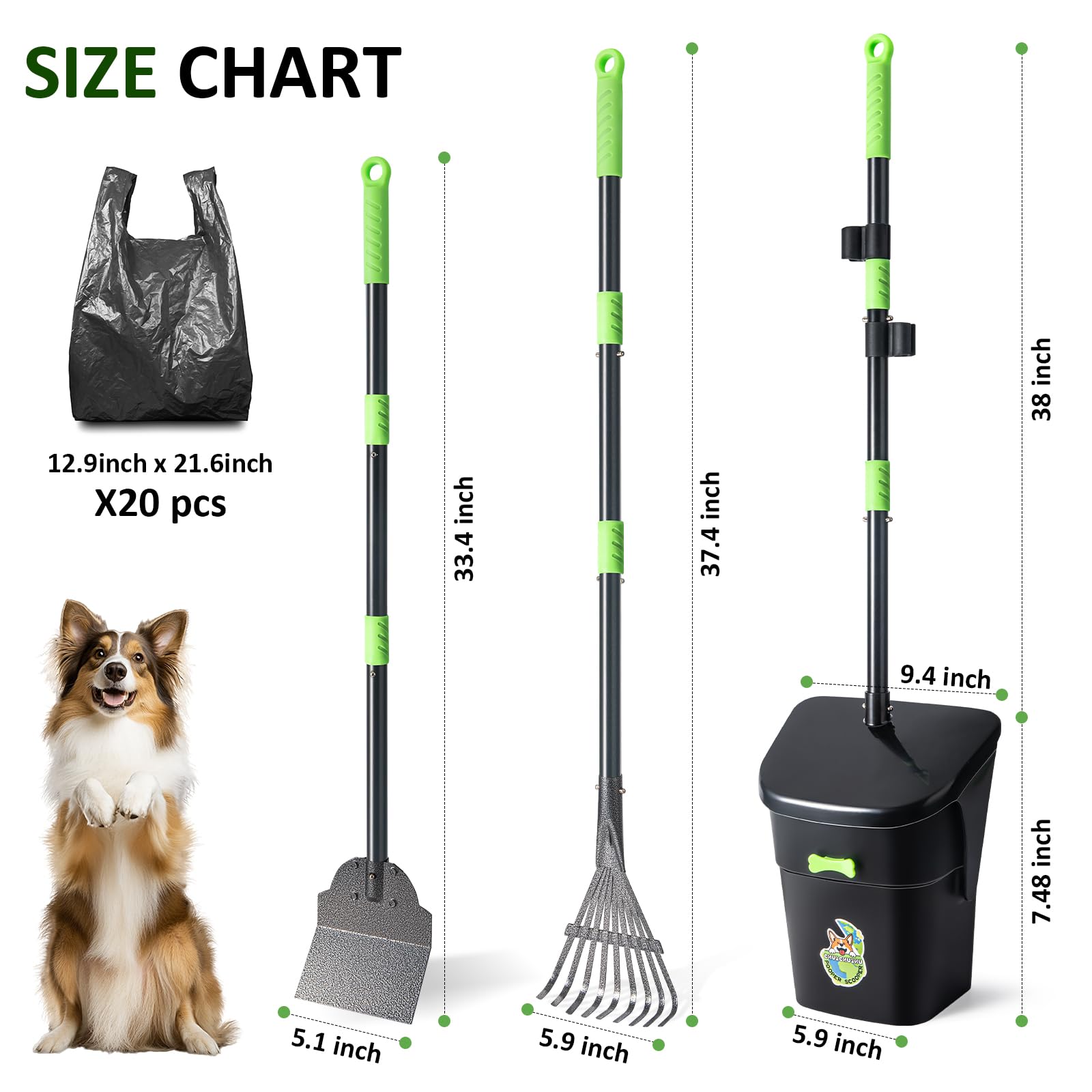 CHUICHUIHU Dog Pooper Scooper, Long Handle Adjustable Metal Swivel Bin & Rake & Spade Kit with 20 Waste Bags, Portable Heavy Duty Dog Poop Scooper for Gravel Lawn, Suit for Small Medium Large Dog