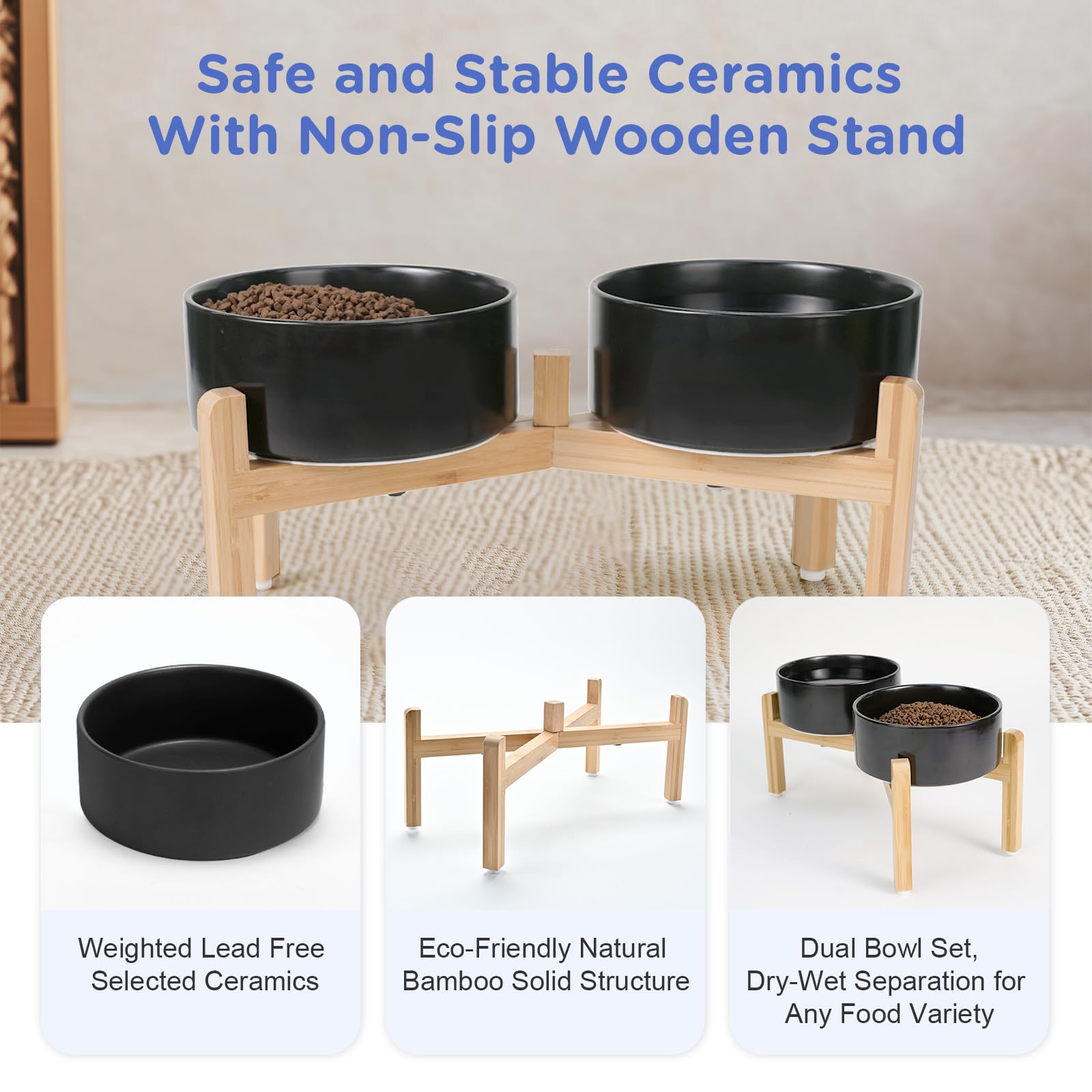 SPUNKYJUNKY Elevated Dog Bowls Ceramic, 7.3'' Dogs Food Water Bowls Raised with Non-Slip Bamboo Stand for Medium to Large Sized Breed Microwave Dishwasher Safe - 42 OZ,Black