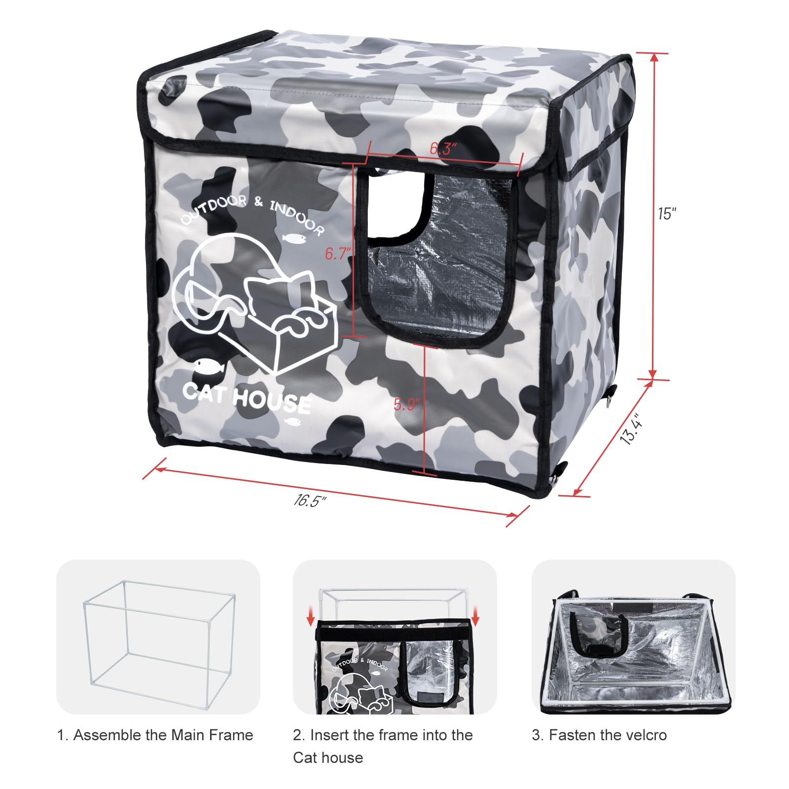 Indestructible Cat House Outdoor with Two-Sided Escape Door, Insulated and 100% Waterproof, Outside Weatherproof Feral Cat Shelter for Winter, Oxford Cloth Upgraded(Camouflage, s)