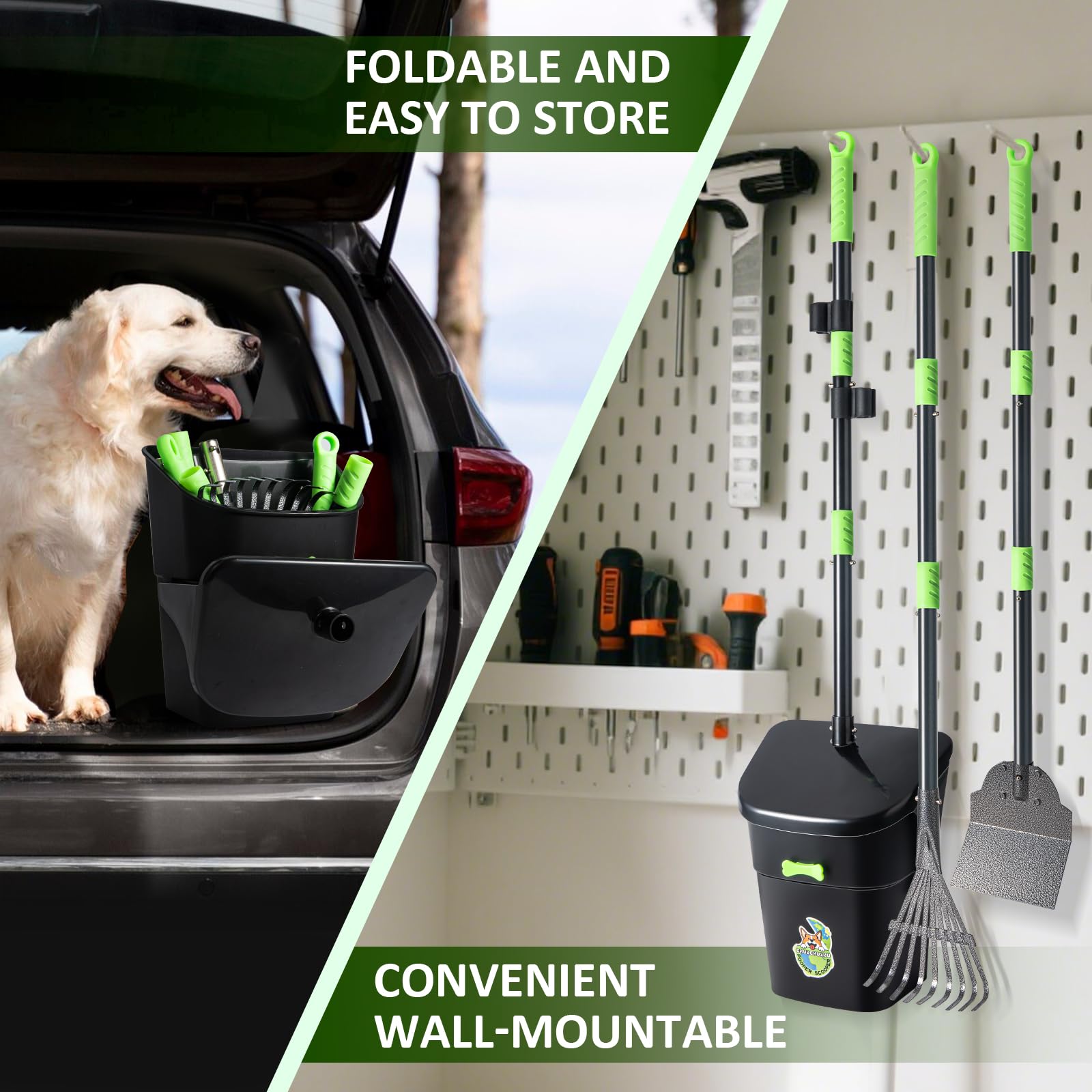 CHUICHUIHU Dog Pooper Scooper, Long Handle Adjustable Metal Swivel Bin & Rake & Spade Kit with 20 Waste Bags, Portable Heavy Duty Dog Poop Scooper for Gravel Lawn, Suit for Small Medium Large Dog