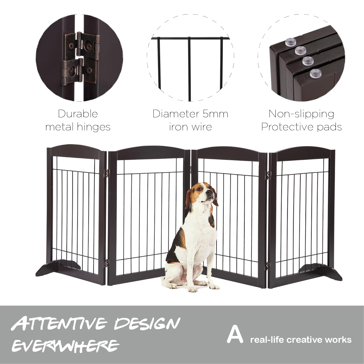 PAWLAND 96-inch Extra Wide Dog gate for The House, Doorway, Stairs, Freestanding Foldable Wire Pet Gate, Set of Support Feet Included (Espresso, 30" Height-4 Panels)