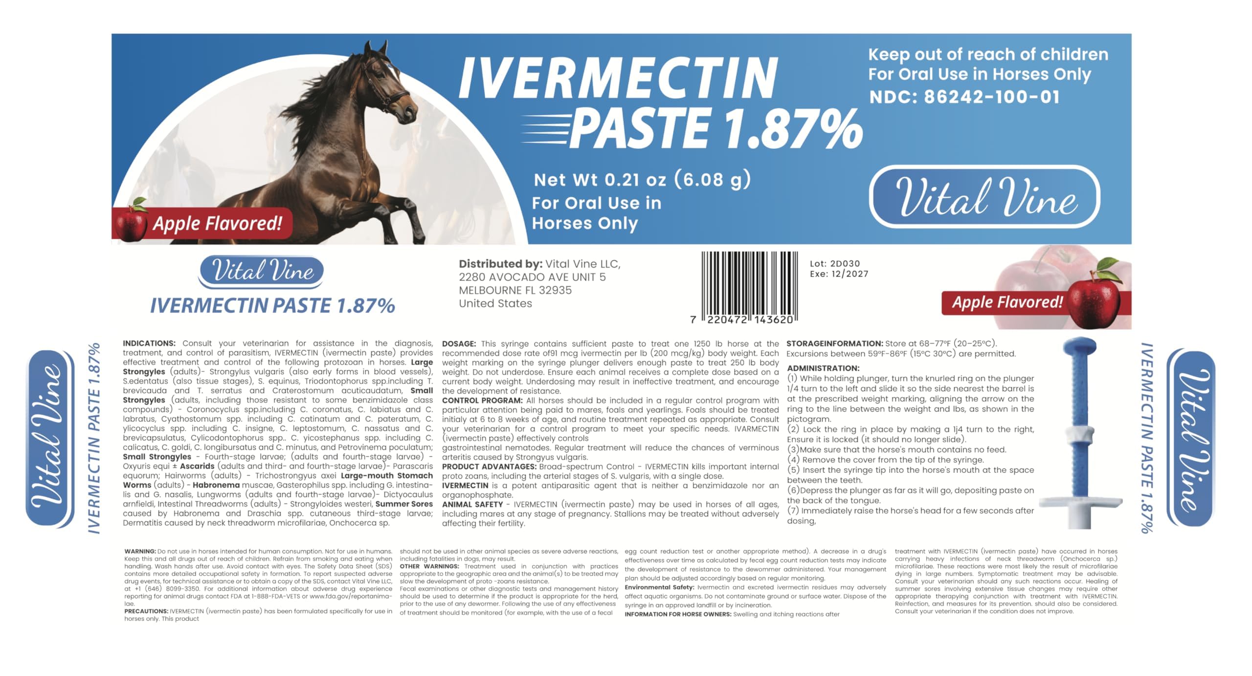 Vital Vine Ivermectine 1,87% – Pâte pour Chevaux Saveur Pomme, 6,08 g (1 seringue)