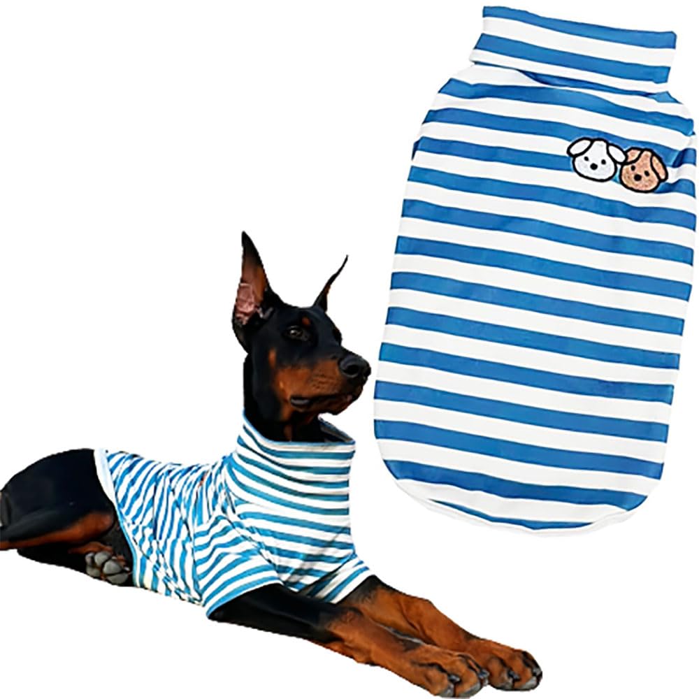 IMDOUBLEDOU turtleneck dog shirt blue striped pullover provides cozy warmth for small pets