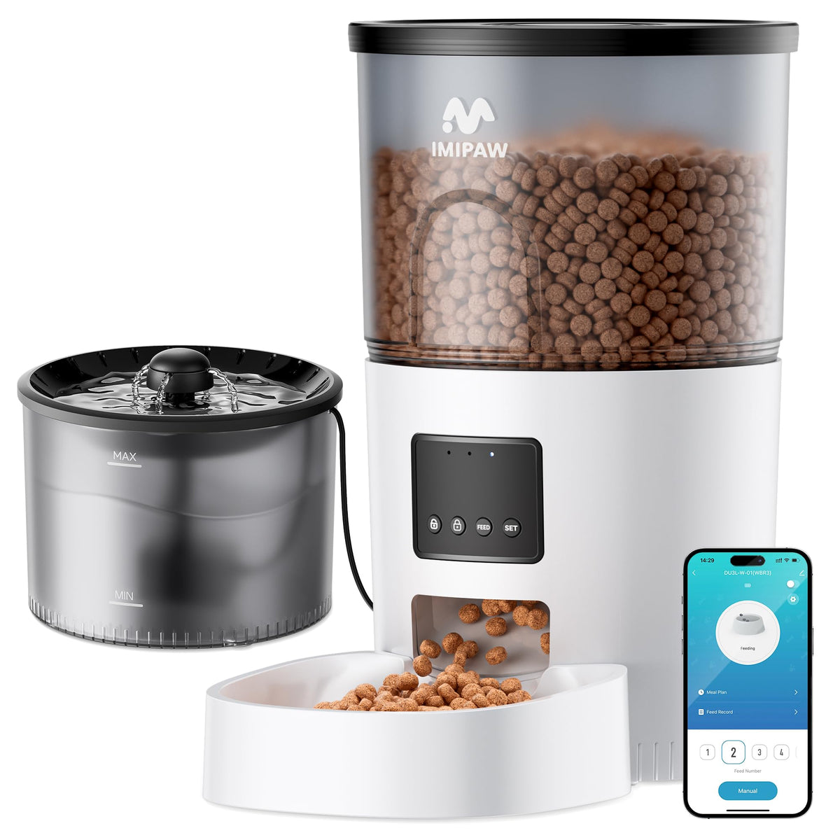 IMIPAW 5G WiFi automatic feeder front view highlighting remote scheduling for consistent meals.