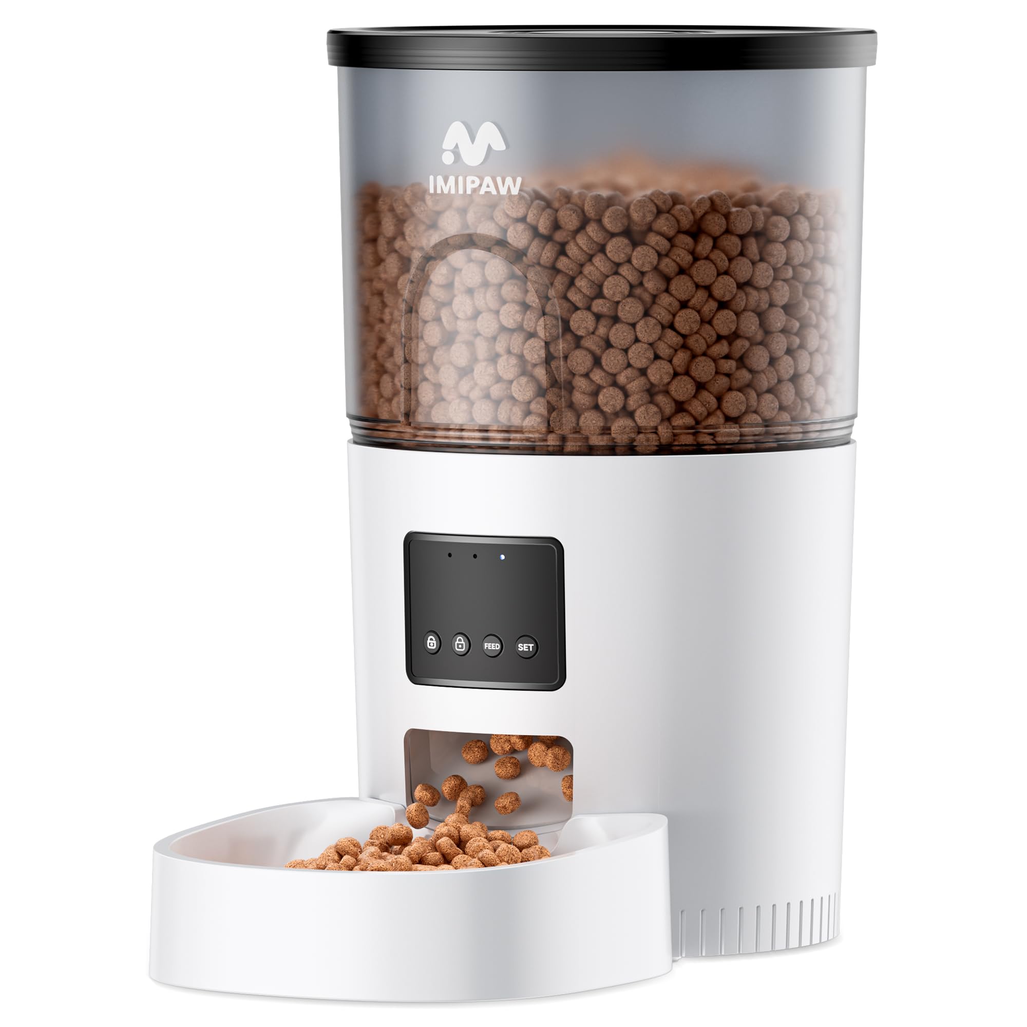 IMIPAW automatic cat feeder front-dispense view showing steady portioning