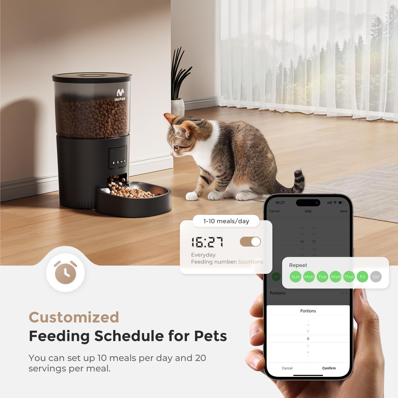 IMIPAW app-control interface visible on smartphone enabling remote scheduling.