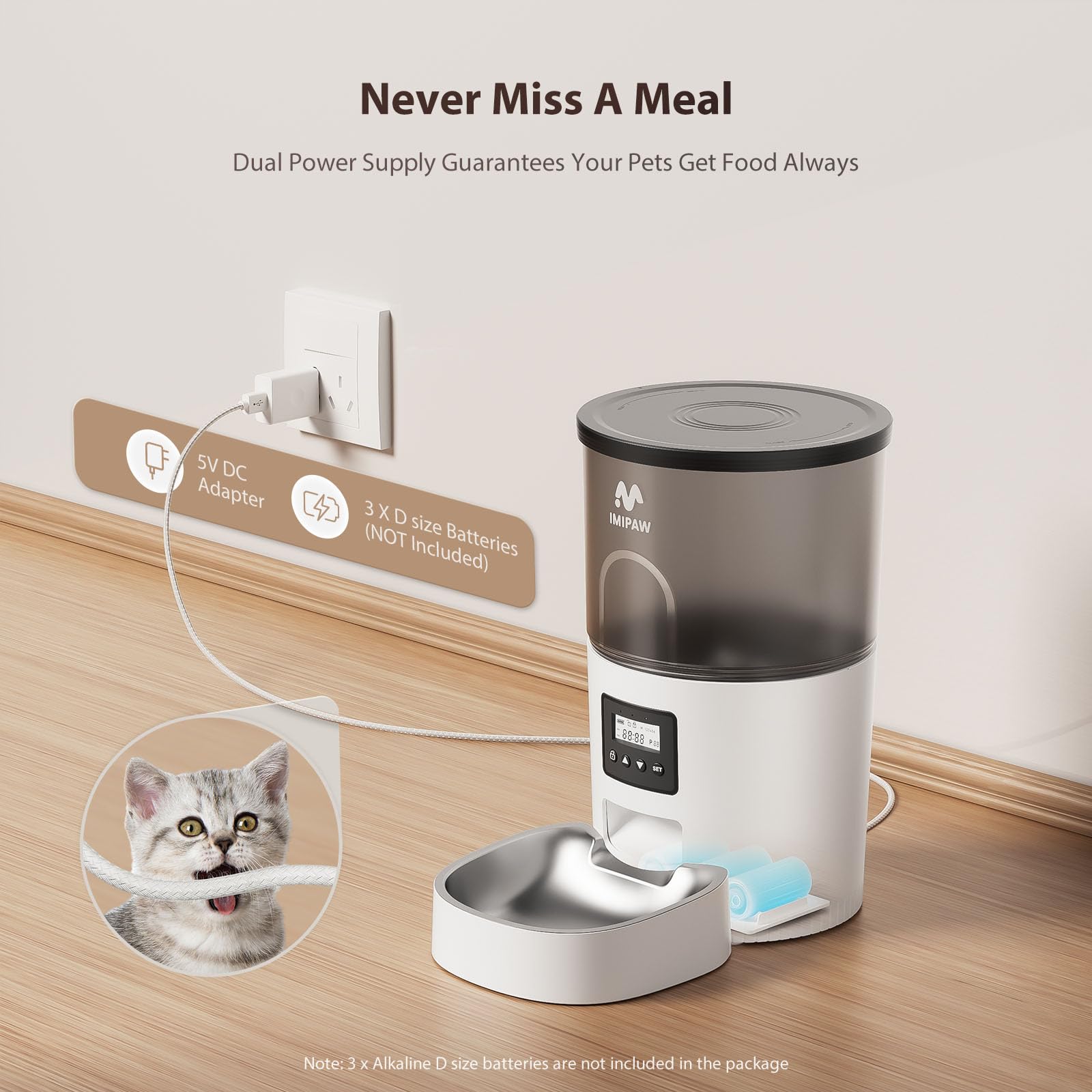 IMIPAW automatic cat feeder dual power setup prevents outages during feeding