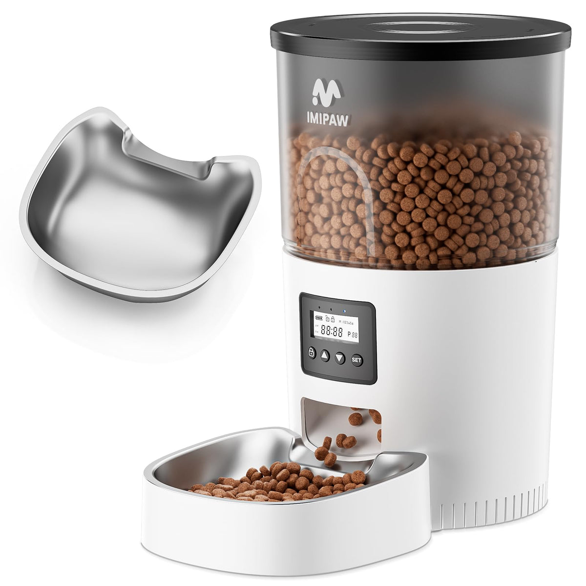 IMIPAW automatic cat feeder front view highlights compact, reliable timed meals