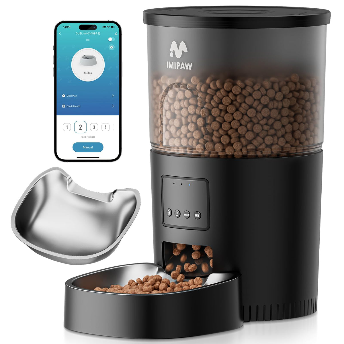 IMIPAW automatic cat feeder front view with stainless steel bowl for easy feeding.
