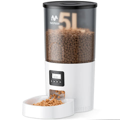 IMIPAW automatic cat feeder front view shows its sleek profile and scheduling surface for meals.