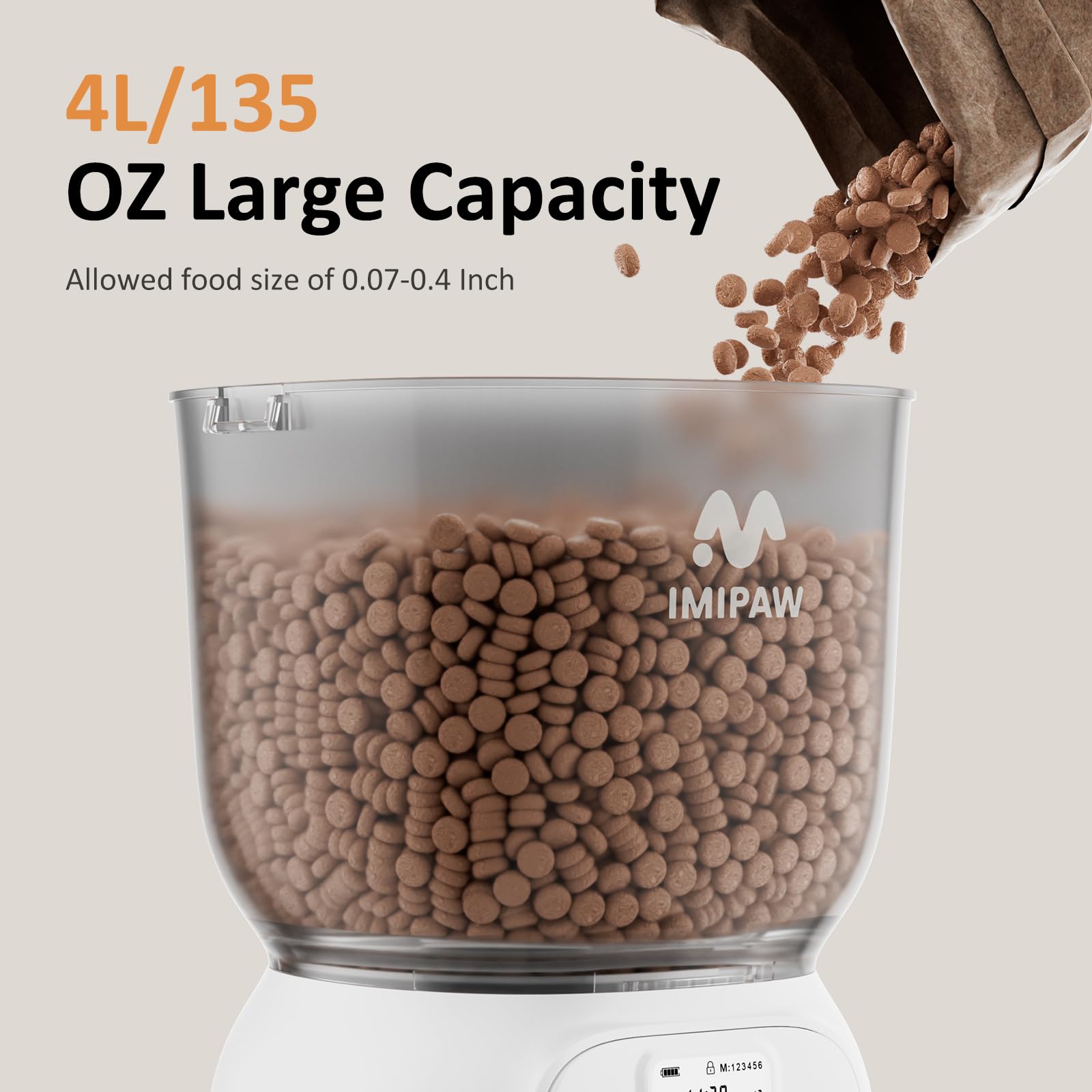 IMIPAW PET anti-jamming design with 45-degree slope supports smooth dry-food flow.