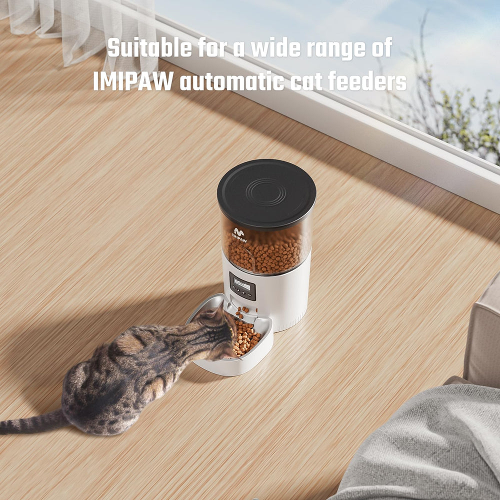 IMIPAW stainless steel cat bowl compatibility image confirms fit with IMIPAW automatic feeder