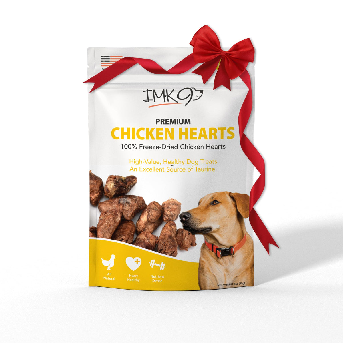 IMK9 chicken hearts freeze-dried pack; protein-rich training snack for dogs.