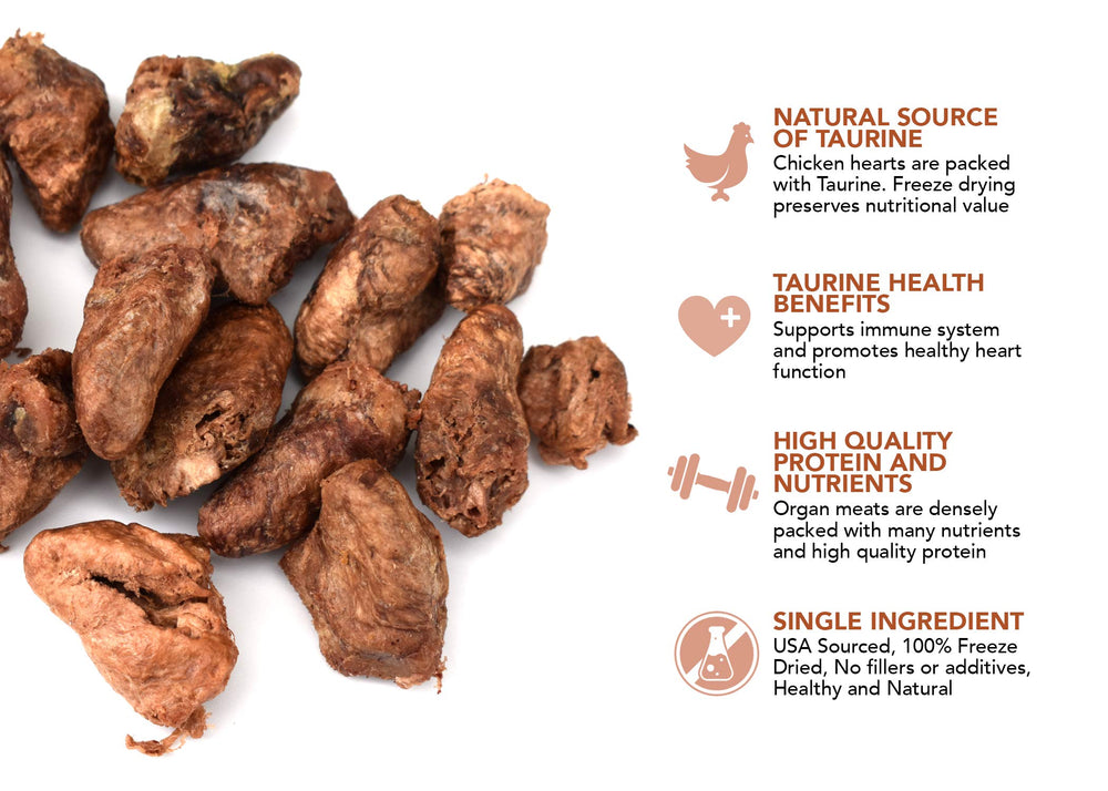 IMK9 freeze-dried chicken hearts closeup; natural taurine source for pets.