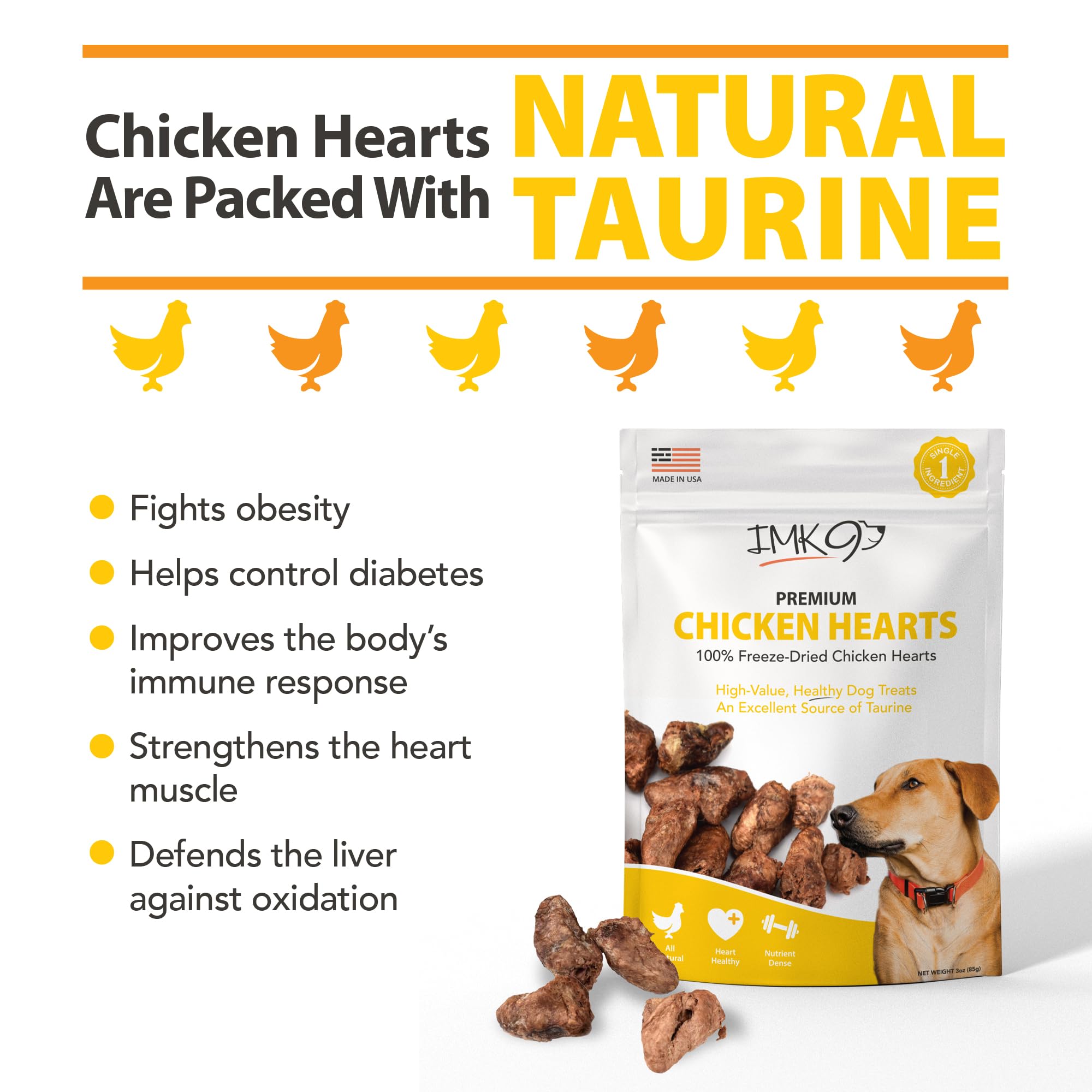 IMK9 single-ingredient chicken hearts product; simple, limited nutrition.