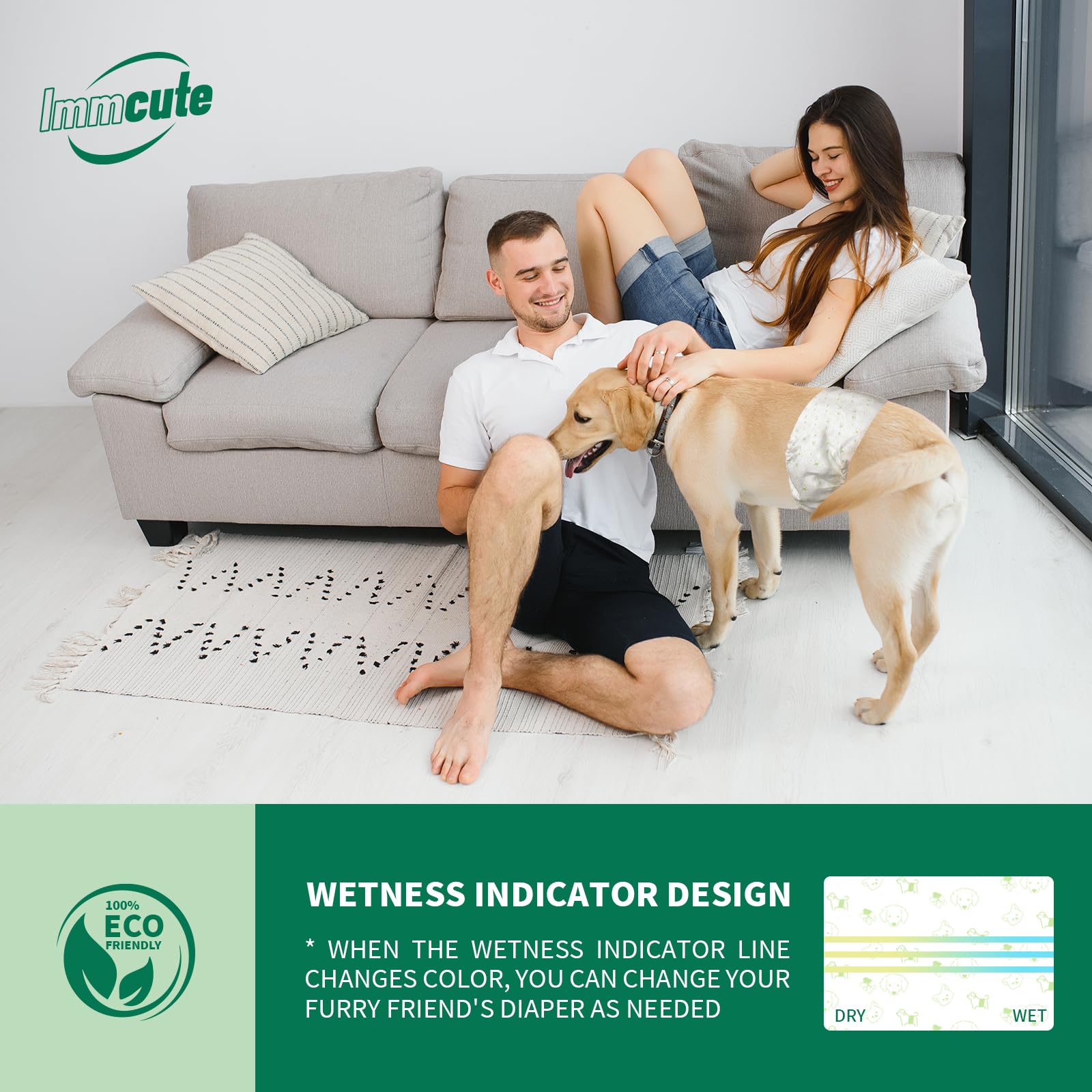 IMMCUTE disposable puppy diapers packaging for travel and home care