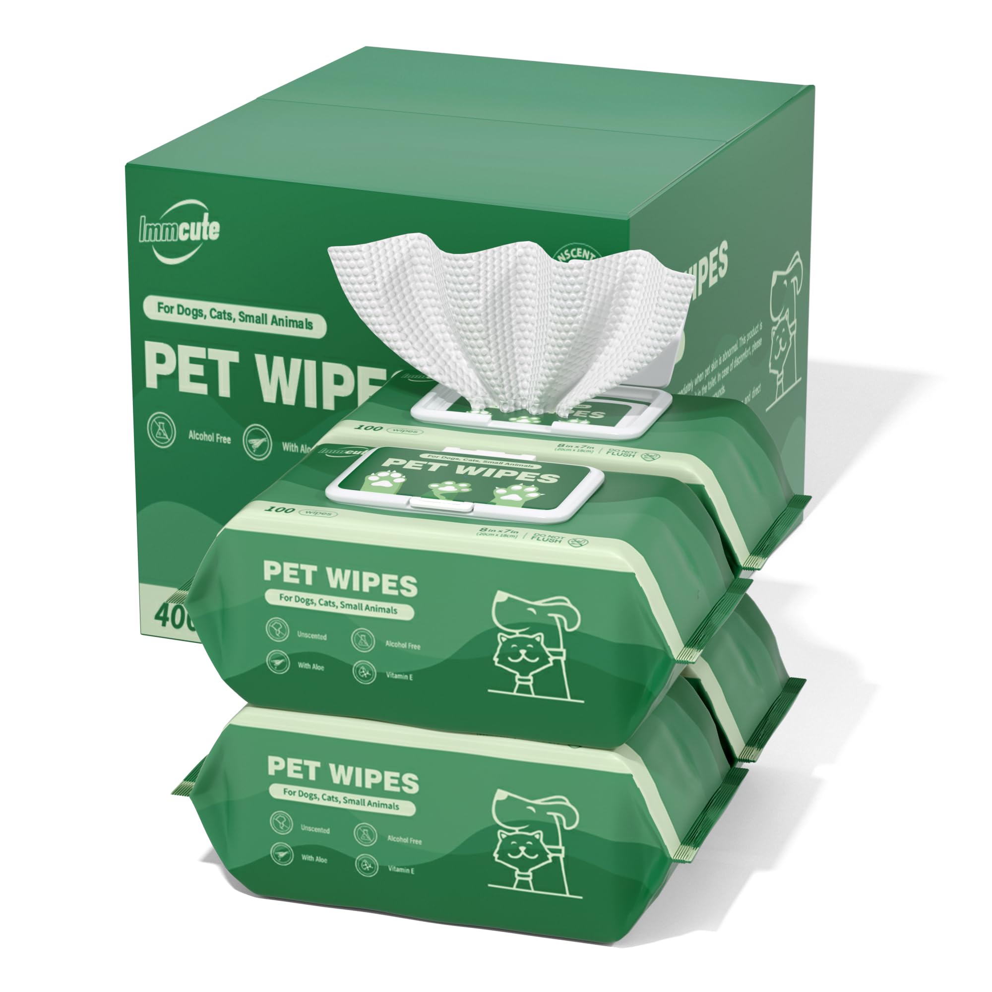 IMMCUTE dog wipes packaging front for quick pet freshening and convenient daily use.
