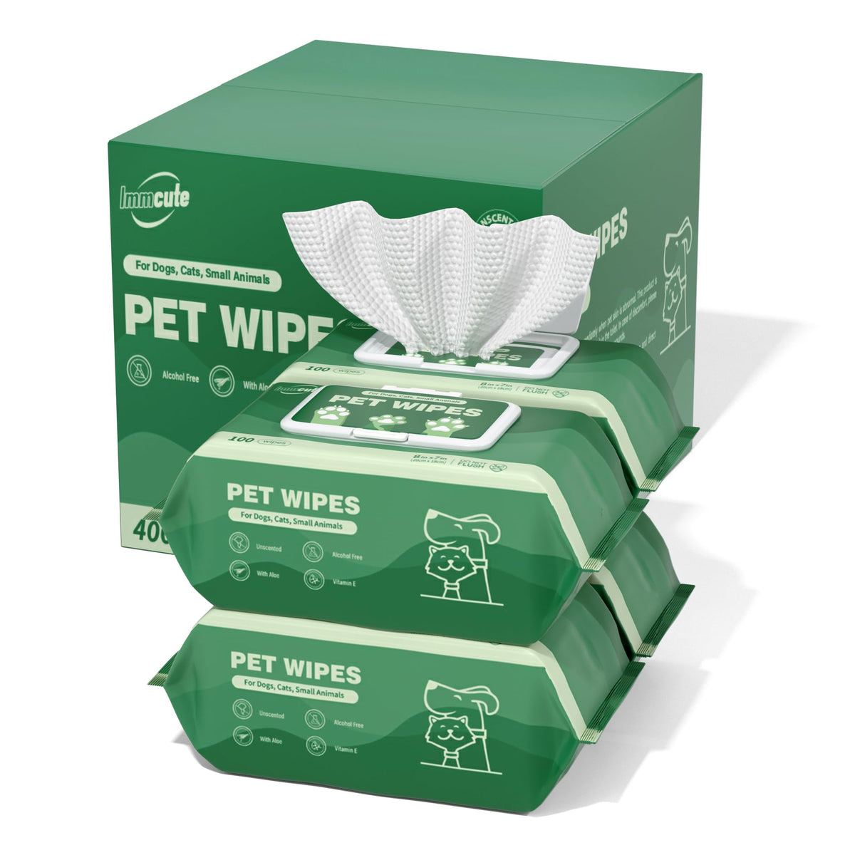 IMMCUTE dog wipes packaging front for quick pet freshening and convenient daily use.