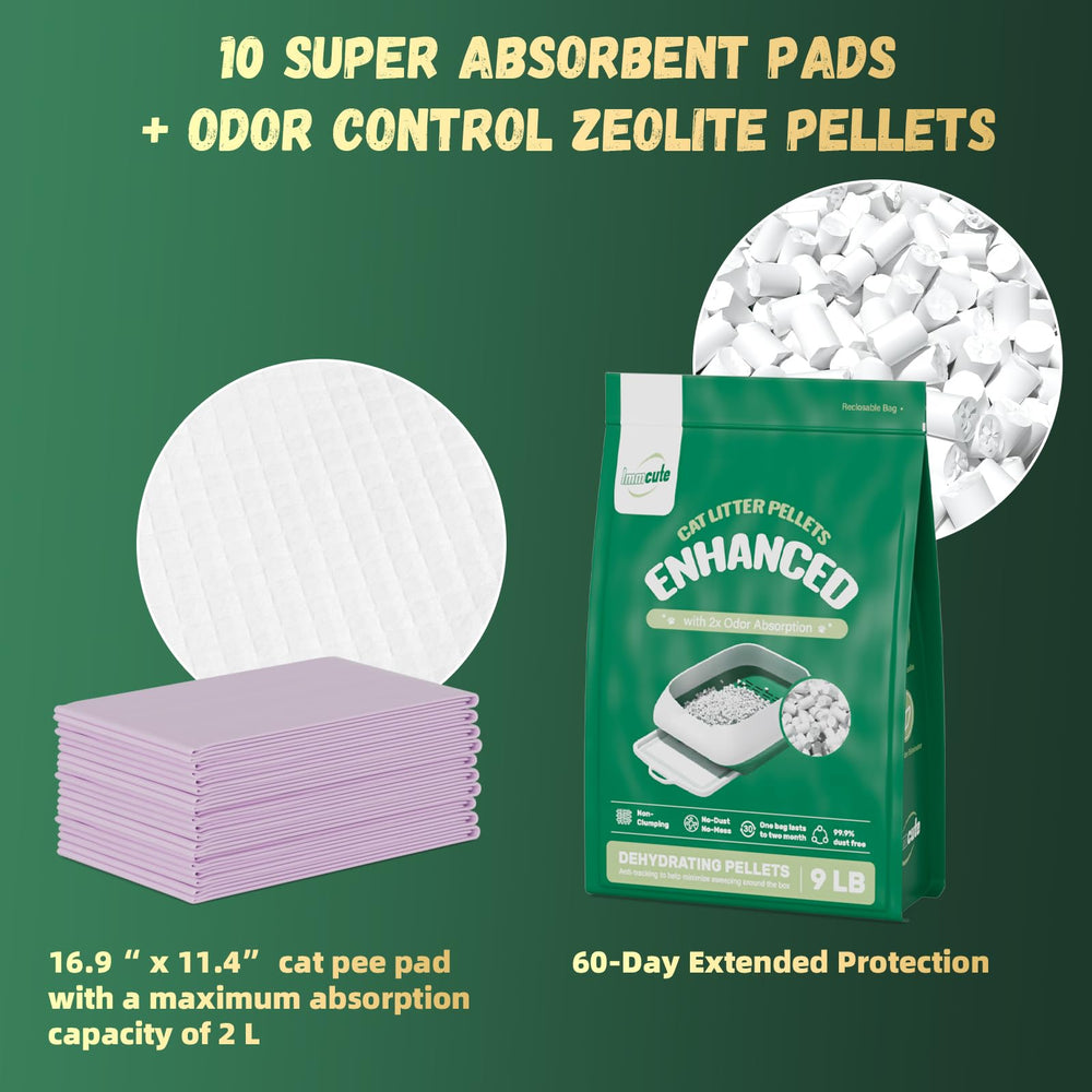 IMMCUTE litter pellets in a double-layer litter box illustrating easy maintenance and low tracking