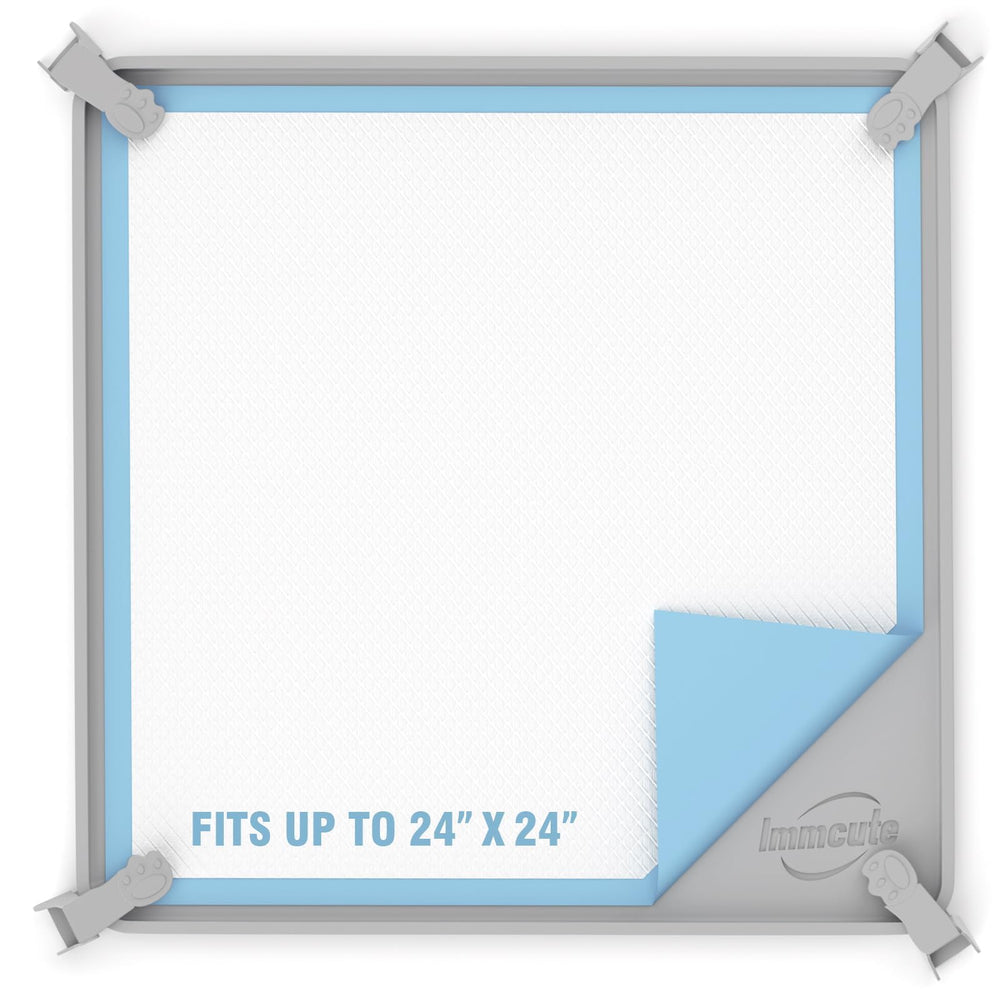 IMMCUTE pee pad holder demonstrates 24x24 fit for stable training setup.