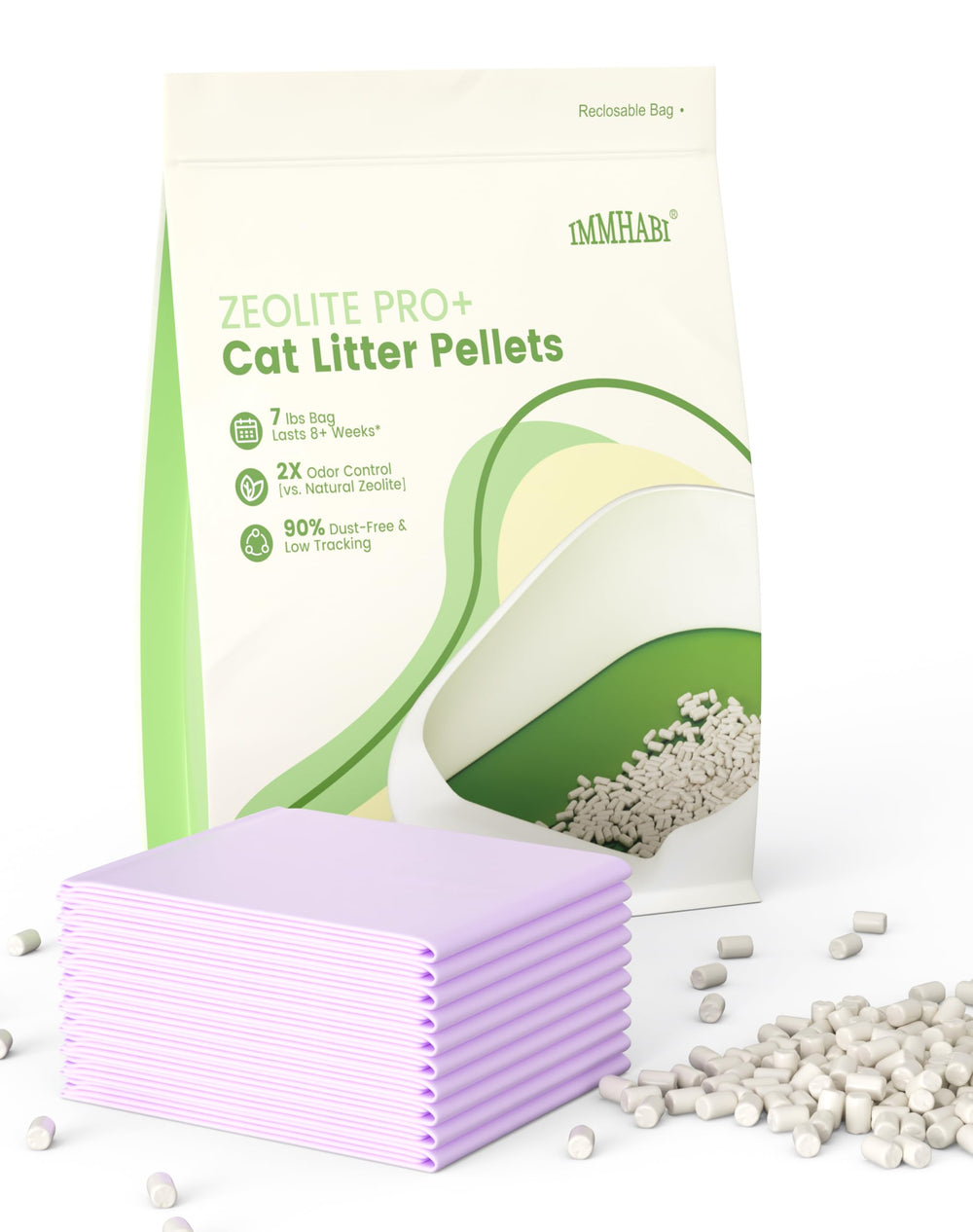 IMMHABI Enhanced Zeolite cat litter pellets pour for low-dust, paw-friendly filling.