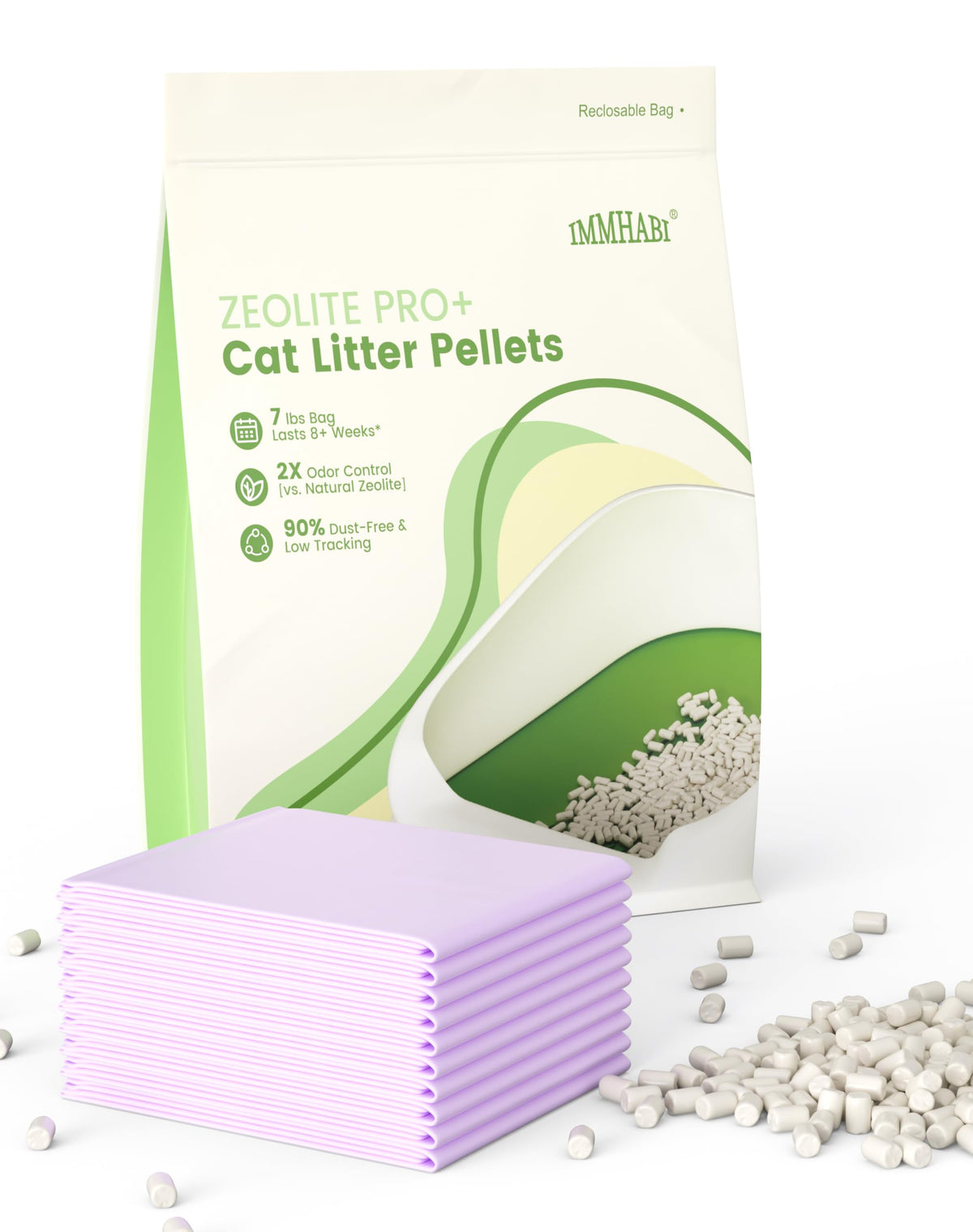 IMMHABI Enhanced Zeolite cat litter pellets pour for low-dust, paw-friendly filling.