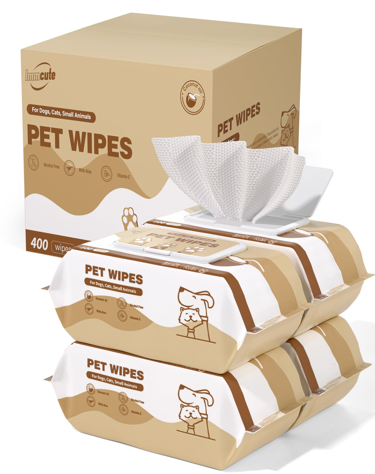 IMMCUTE 400 Coconut Oil Dog Wipes on paws for clean, refreshed paws after walks.