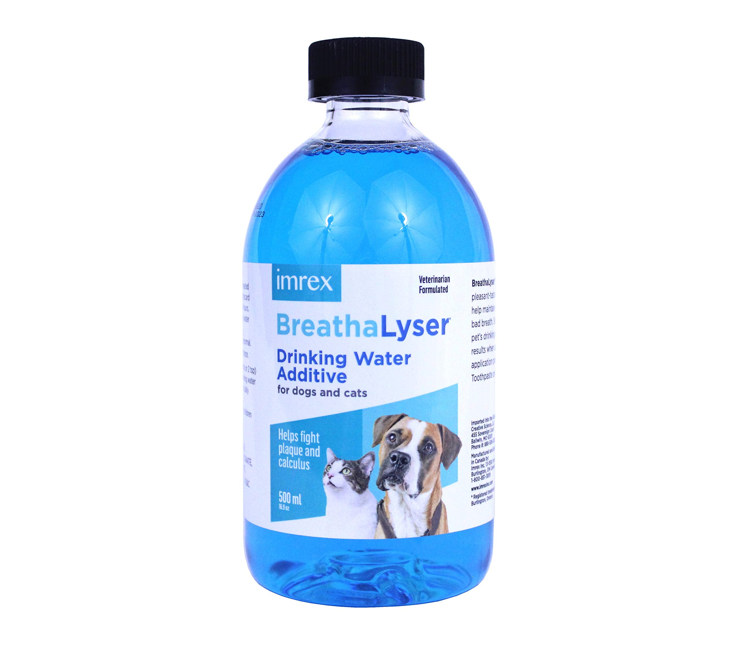 imRex Breathalyser Water Additive bottle being poured for easy daily pet oral care.