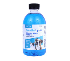 imRex Breathalyser Water Additive bottle being poured for easy daily pet oral care.