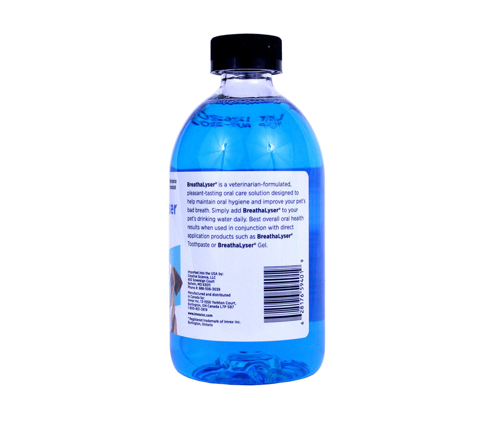 imRex Breathalyser Water Additive supports fresher breath in cats and dogs during daily use.