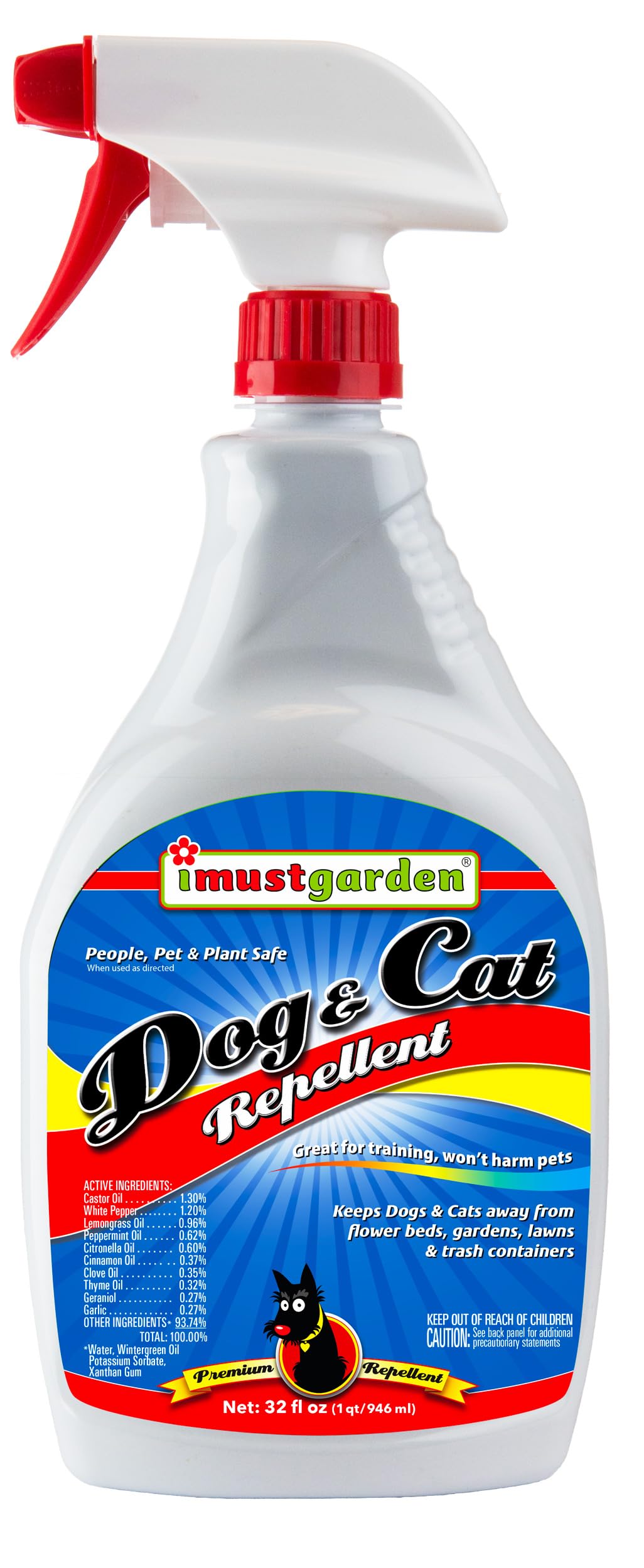 imustgarden dog and cat repellent bottle shows all-natural protection for yards.