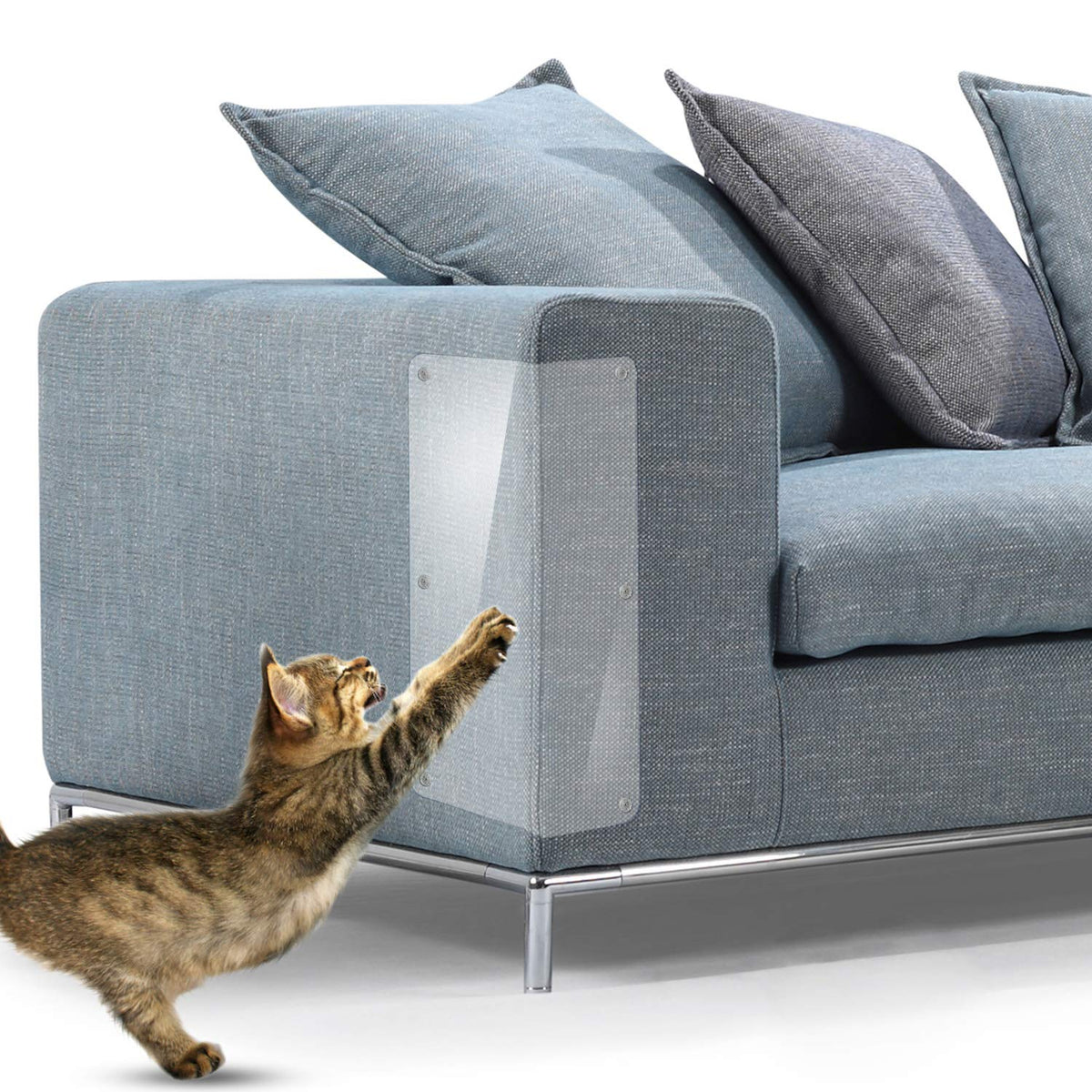 In hand cat scratch protector for furniture provides a near-invisible shield against claws.