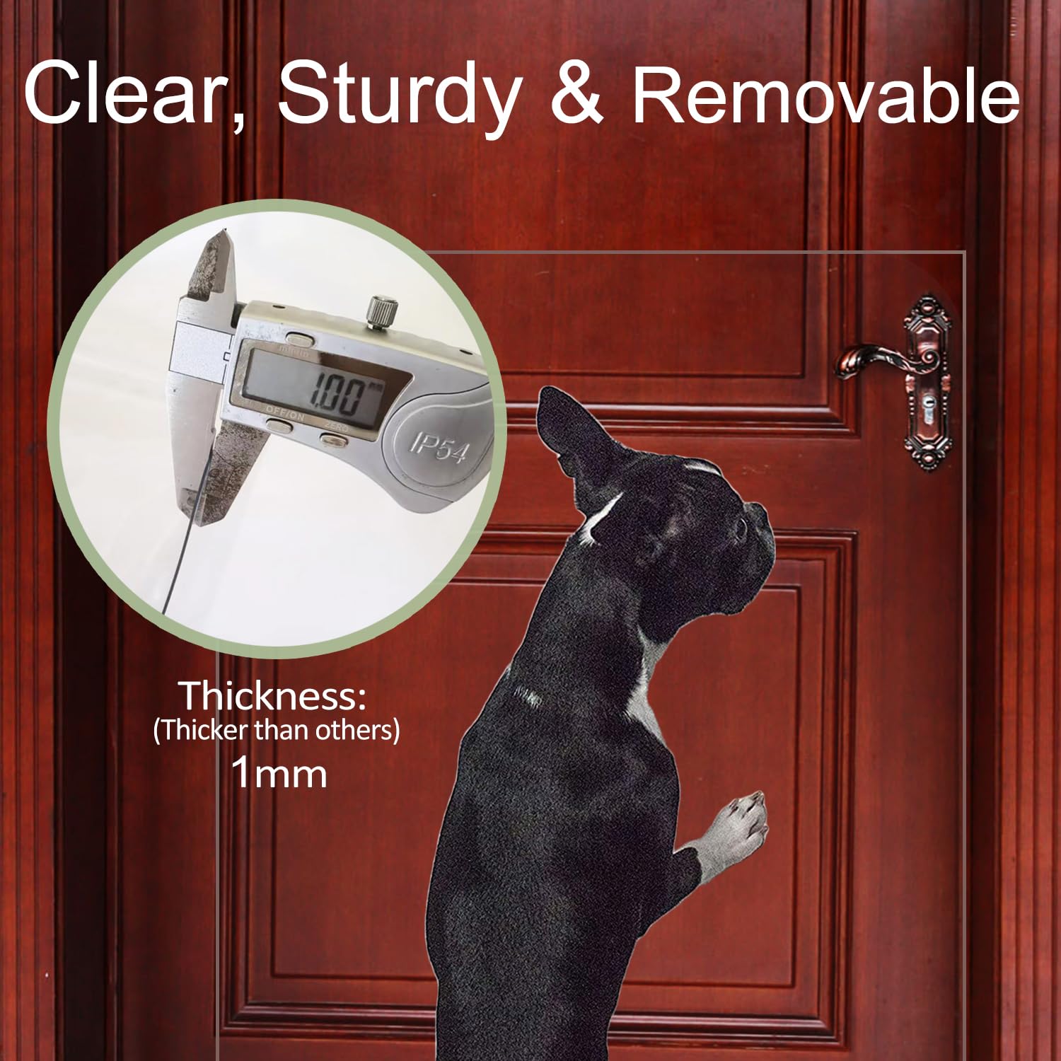 In hand Clear Pet Door Scratch Protector Shield installed on door to reduce scratching