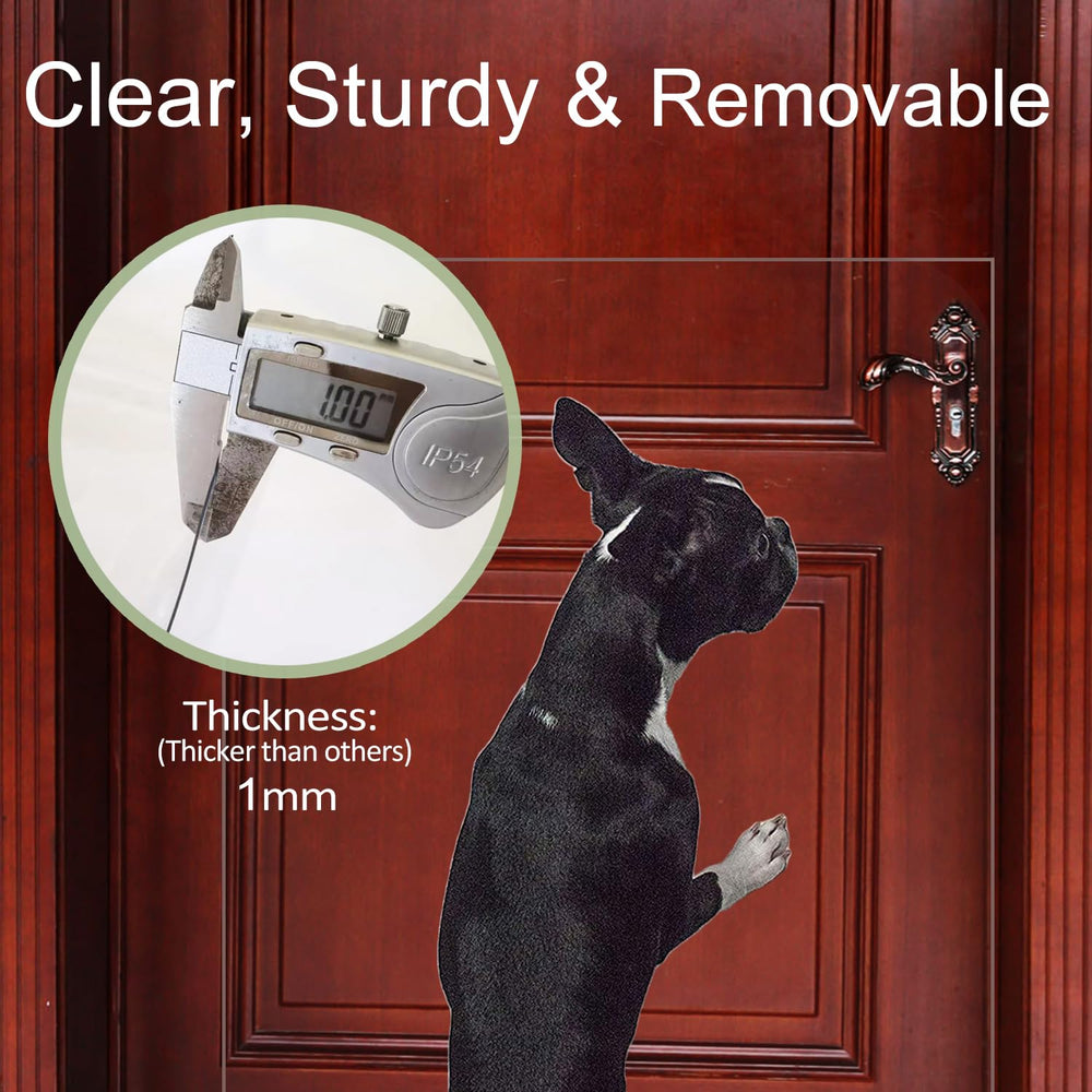 In hand Clear Pet Door Scratch Protector Shield installed on door to reduce scratching
