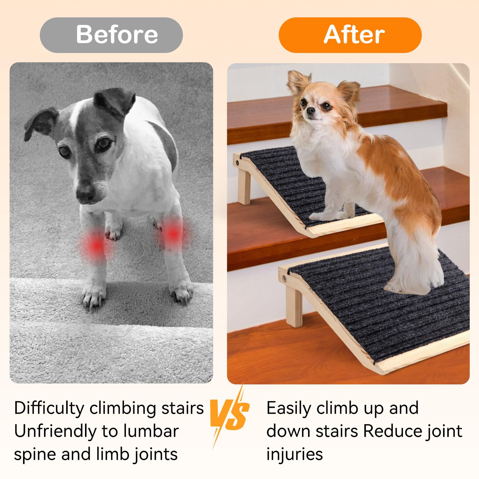In hand dog ramp anti-slip feet provide steady footing on stairs