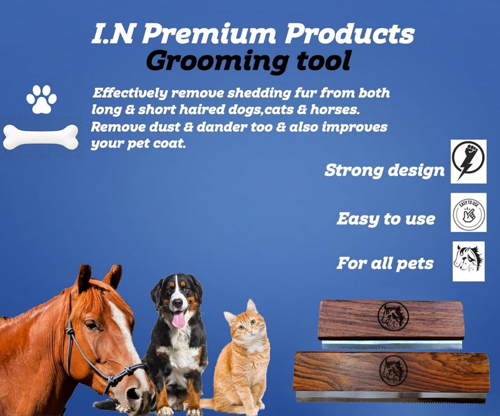 I.N Premium deshedding tool used on dogs, cats, and horses for versatile grooming.
