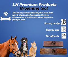 I.N Premium deshedding tool used on dogs, cats, and horses for versatile grooming.