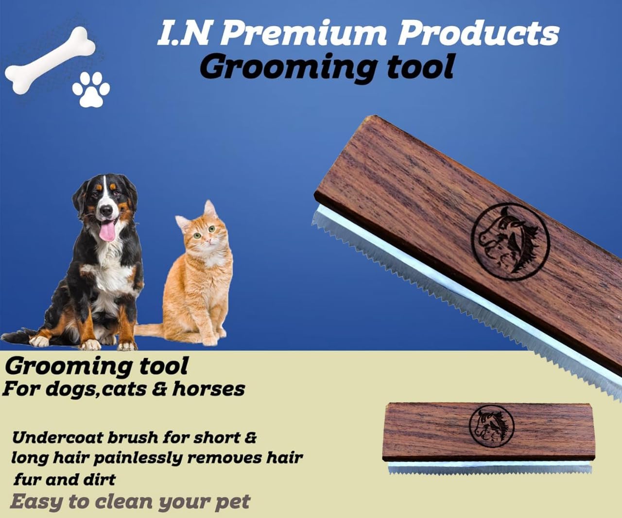 I.N Premium deshedding tool features easy-clean ergonomic design after grooming.