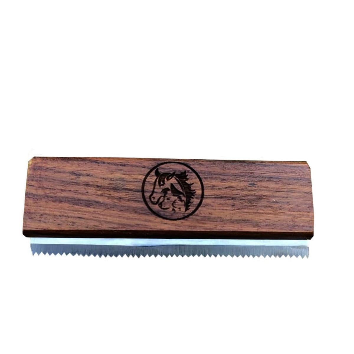 I.N Premium deshedding tool with wooden handle offers an ergonomic grip for pet grooming.