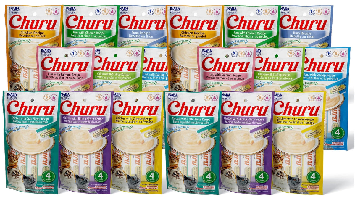 INABA Churu cat treats tubes packaging showcasing grab-and-go hydration-friendly snack.
