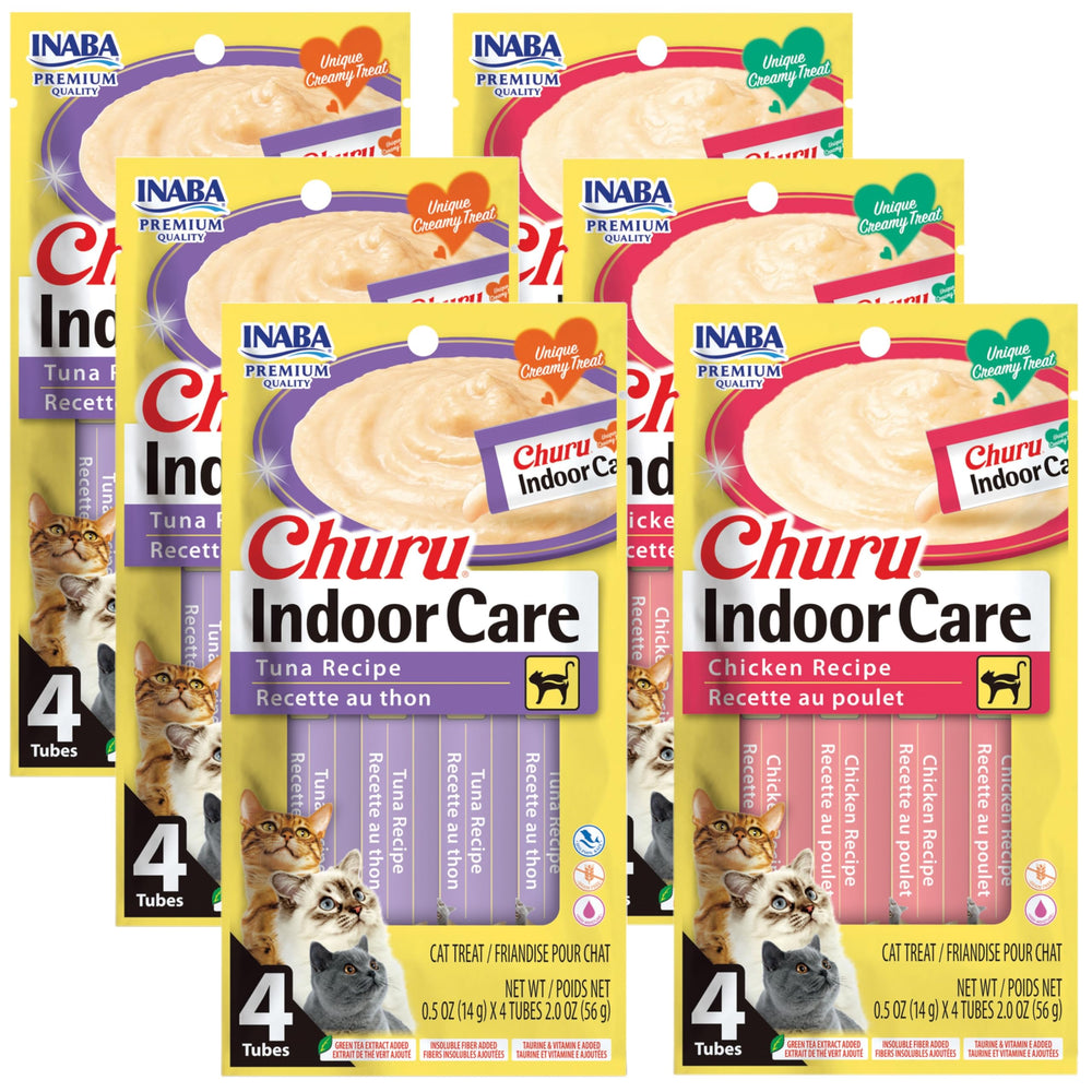 INABA Churu hairball-control tube close-up showing creamy purée texture.