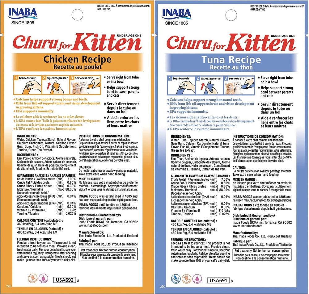 INABA Churu two flavors pack showing grain-free options for kittens