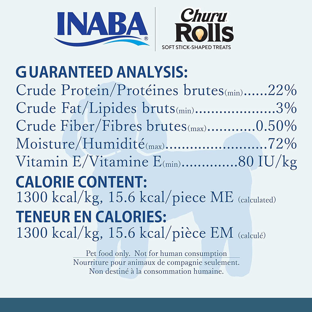 INABA Churu Rolls nutrition highlights with Vitamin E and green tea extract.