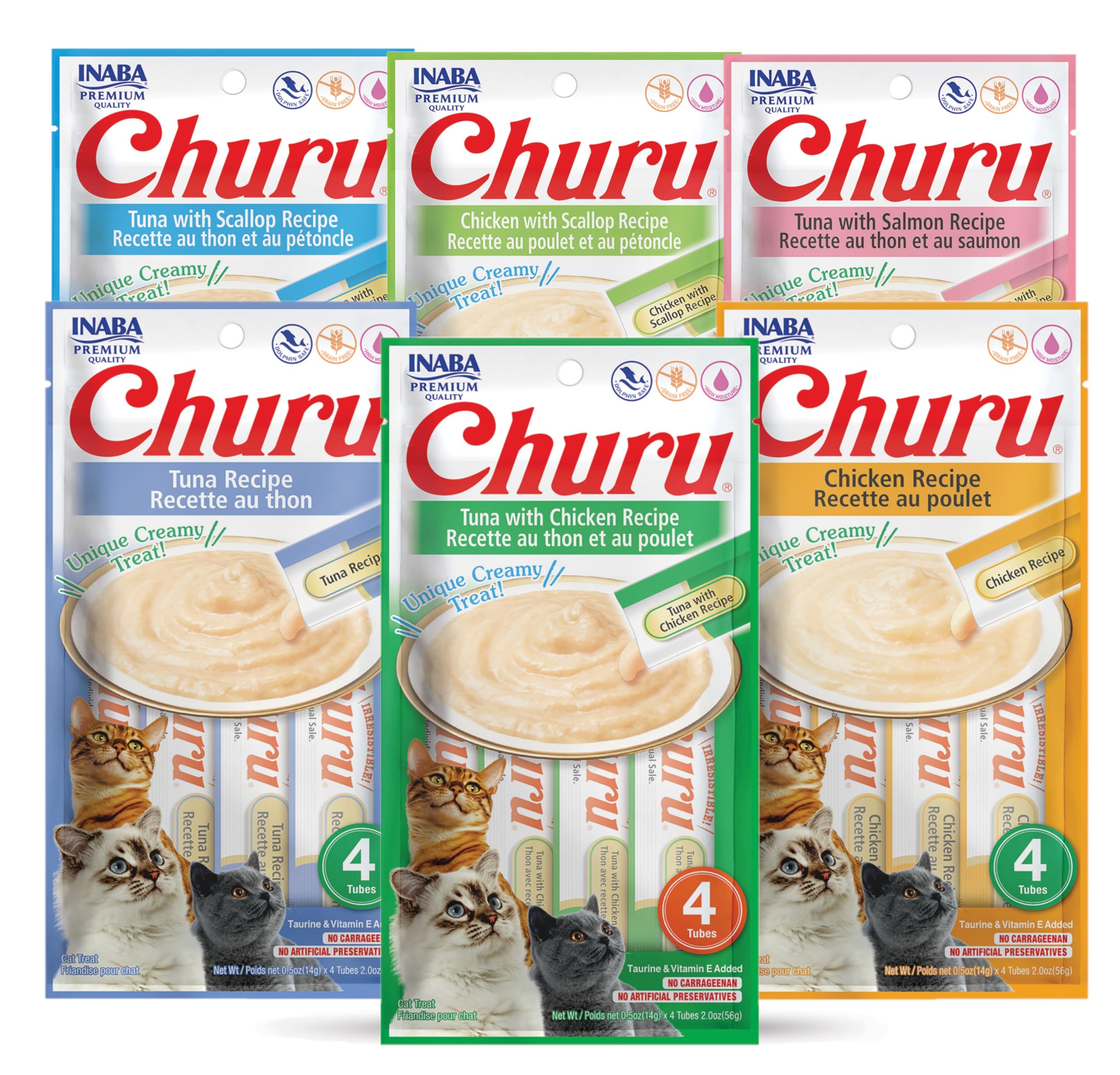 INABA Churu tube-pack closeup highlights a high-moisture, low-calorie cat treat in a convenient package.